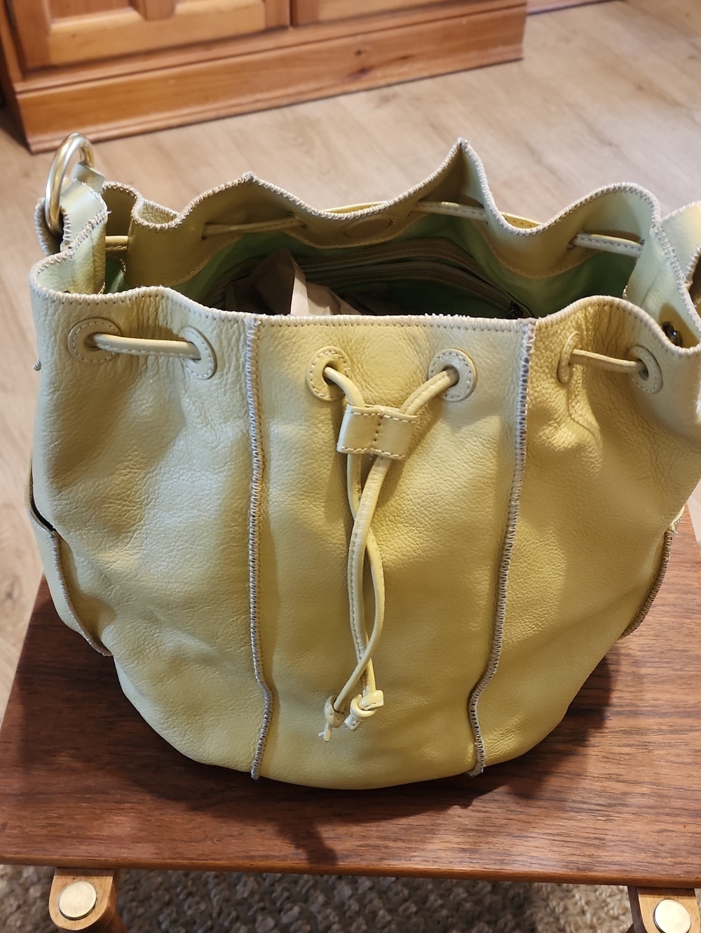 Sigrid Olsen Mustard Drawstring Leather Bucket Bag